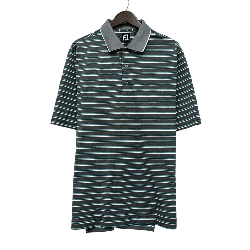 Footjoy FJ Mens Golf Polo Shirt Black & Green Striped 100% Polyester Size XL guc